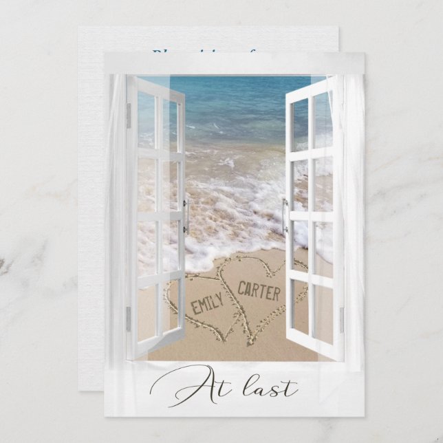 Strandhochzeiten Herz mit Namen im Fenster Einladung (Vorne/Hinten)