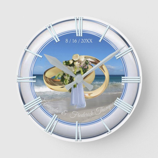 Strandhochzeitungs-Geschenkuhr Runde Wanduhr (Vorderseite)