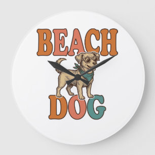 Strandhund Vintage Gravur Grafikdesign_1 Große Wanduhr