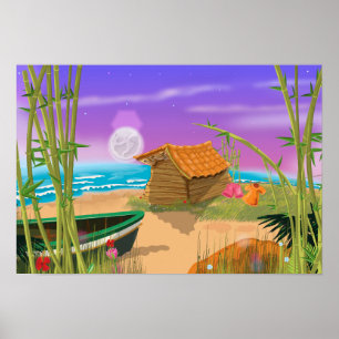 "Strandhütte am mondbeschienenen Strand" "Strandhü Poster
