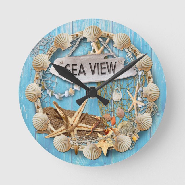 Strandhütte/Strandhaus-Uhr, Meerblick Runde Wanduhr (Vorderseite)