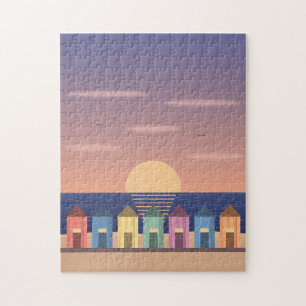 Strandhütten bei Dämmerung Minimaler Küstenprint Puzzle