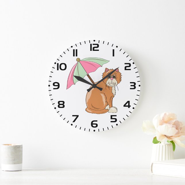 Strandkatze mit rosa und grünem Schirm Große Wanduhr (Von Creator hochgeladen)