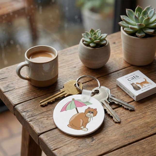 Strandkatze mit rosa und grünem Schirm Schlüsselanhänger (Von Creator hochgeladen)