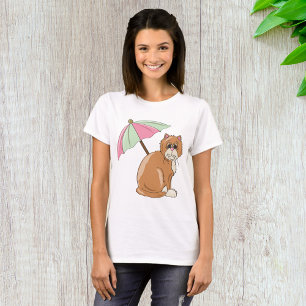 Strandkatze mit rosa und grünem Schirm T-Shirt