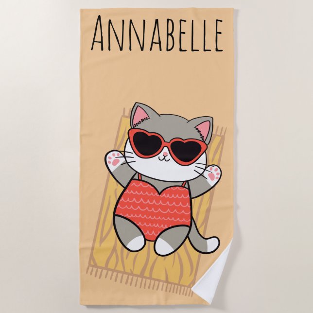 Strandkatze Rot Personalisierbares Strandhandtuch (Vorderseite)