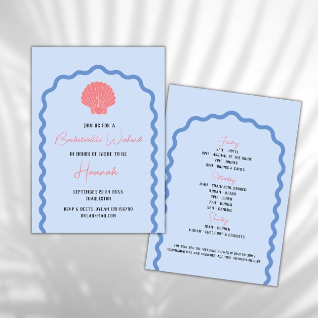 Strandküste Bachelorette Wochenende Seashell Einladung (beach bachelorette invitation coastal bachelorette weekend invitation seashell wavy arch blue pink)