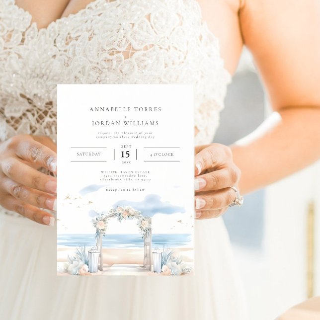 Strandküste Hochzeit in Urlaubsort Foto Einladung (Beach Coastal Watercolor Destination Wedding Photo Invitation)