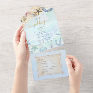 Strandküste Rustic Boho Wedding RSVP MENU All in One Einladung