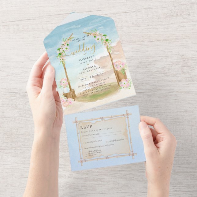 Strandküste Rustic Boho Wedding RSVP MENU All in One Einladung (Abreißen)