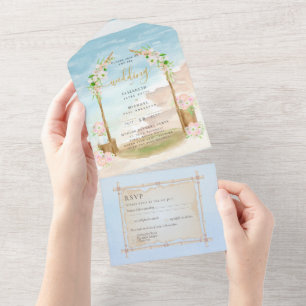 Strandküste Rustic Boho Wedding RSVP MENU All in One Einladung