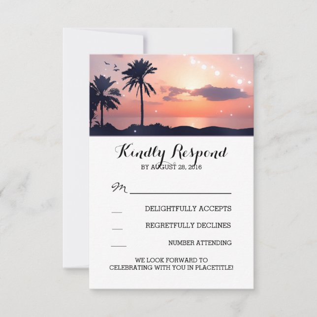 Strandlampen Palm Sonnenuntergang Hochzeit RSVP Ka Karte (Vorderseite)