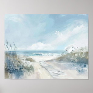 Strandlandschaft im Aquarellstil mit Strandhaus Poster