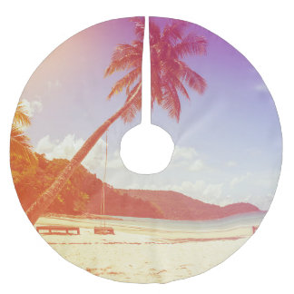 Strandlandschaft, Kokospalmen, Holzbett. Polyester Weihnachtsbaumdecke