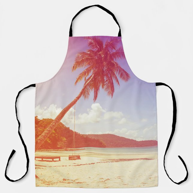 Strandlandschaft, Kokospalmen, Holzbett. Schürze (Vorderseite)