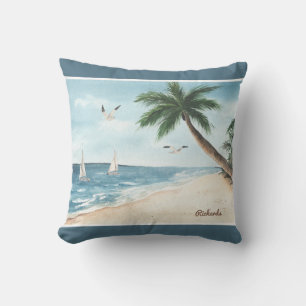 Strandlandschaft mit Sailboats Wasserfarbe Blau Kissen