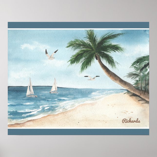 Strandlandschaft mit Sailboats Wasserfarbe Blau Poster (Vorne)