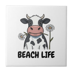 Strandleben Kuh Vintage-Stich T-Shirt Design_1 Fliese