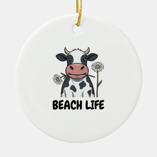 Strandleben Kuh Vintage-Stich T-Shirt Design_1 Keramik Ornament