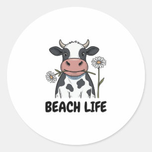 Strandleben Kuh Vintage-Stich T-Shirt Design_1 Runder Aufkleber
