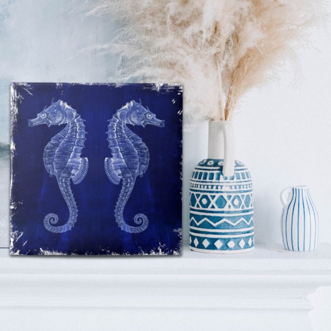 Strandliebhaber blaue Seepferde an der Küste Fliese (beach lover coastal ocean blue seahorses ceramic tile)
