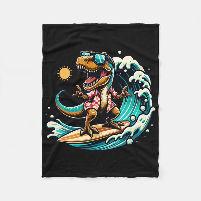 Strandliebhaber T-Rex Dinosaurier fährt Surfboard  Fleecedecke (Vorderseite)