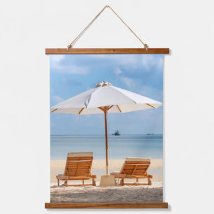 Strandliegestühle mit Sonnenschirm Wandteppich Mit Holzrahmen