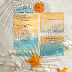Strandmode Goldener Sand Türkises Wasser Hochzeit All In One Einladung