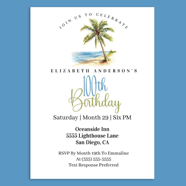 Strandpalme 100. Geburtstag Einladung (Tropical beach palm tree 100th birthday invitation)