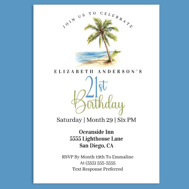 Strandpalme 21. Geburtstag Einladung (Tropical beach 21st birthday invitation with watercolor palm tree ocean scene coastal party)