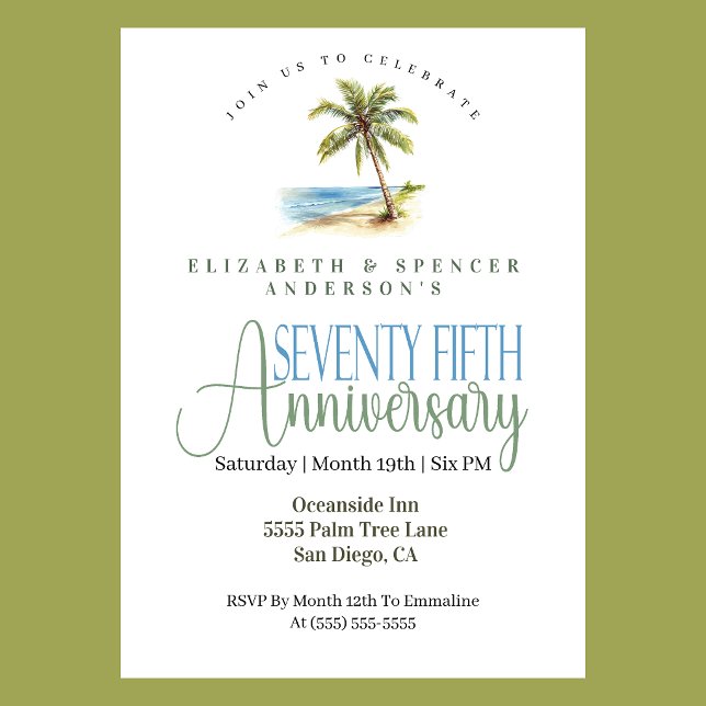 Strandpalme 75. Hochzeitstag Einladung (Tropical beach palm tree 75th wedding anniversary invitation coastal seaside theme
)