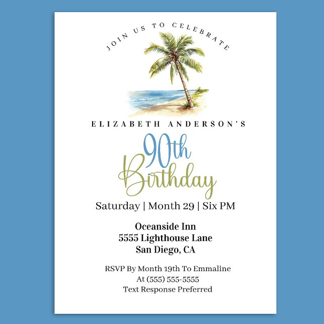 Strandpalme 90. Geburtstag Einladung (Tropical beach palm tree 90th birthday invitation with a coastal ocean theme )