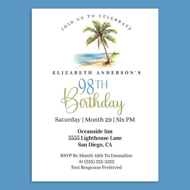 Strandpalme 98. Geburtstag Einladung (Tropical beach palm tree 98th birthday invitation 
)