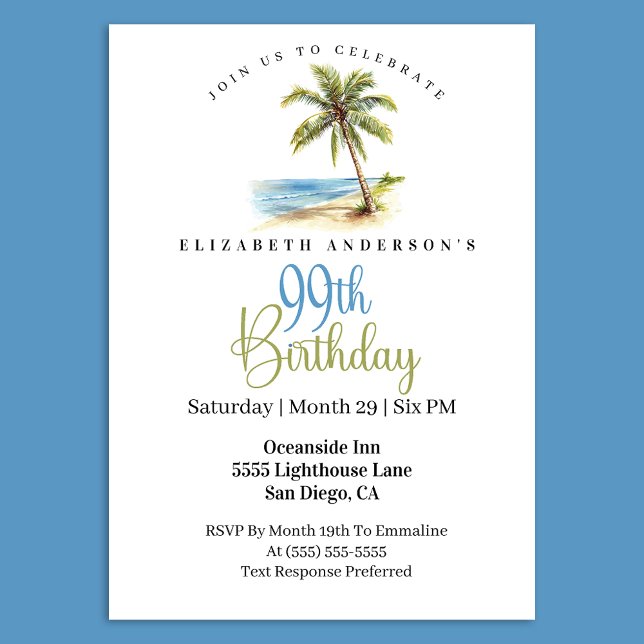 Strandpalme 99. Geburtstag Einladung (Tropical beach palm tree 99th birthday invitation)