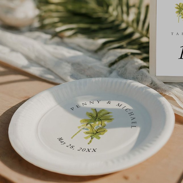 Strandpalme Treppen Tropical Minimal Pappteller (Tropical beach watercolor palm trees chic wedding paper plates.)