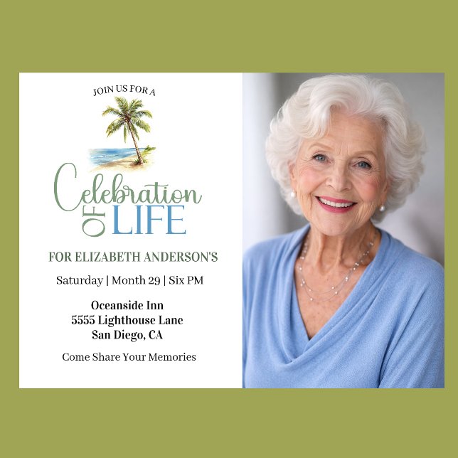 Strandpalmen-Feier des Lebens Einladung (Tropical beach celebration of life invitation with palm tree watercolor design and elegant photo)