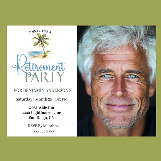 Strandpalmen-Ruhestandsfeier Einladung (Tropical beach Retirement  Party invitation with watercolor palm tree )