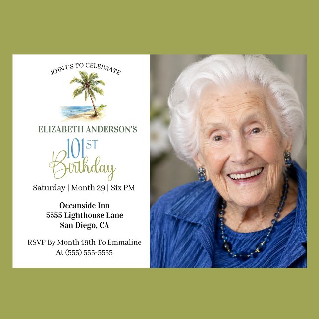 Strandpalmenbaum 101. Geburtstagsfoto Einladung (Elegant coastal 101st birthday photo invitation with tropical palm tree beach design )
