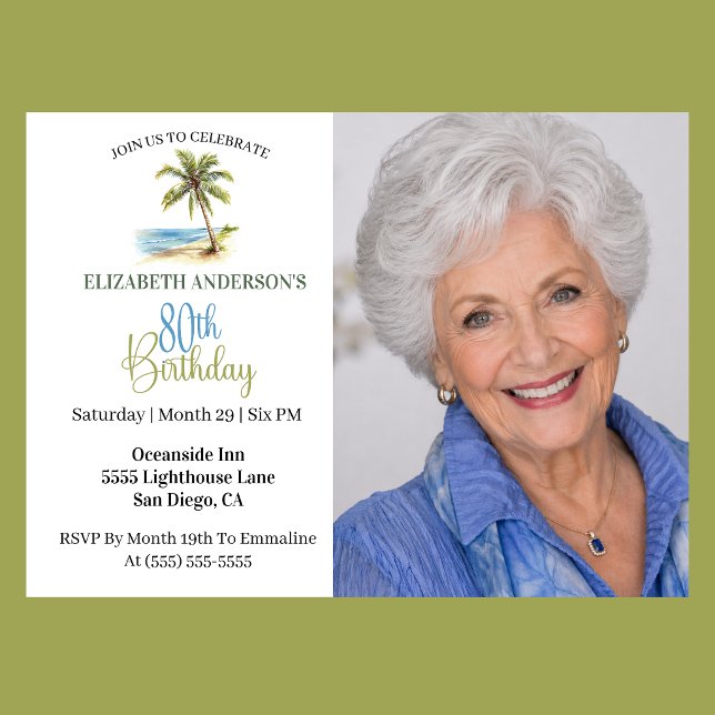 Strandpalmenbaum 80. Geburtstagsfoto Einladung (Elegant coastal 80th birthday photo invitation with tropical palm tree beach design and ocean theme )