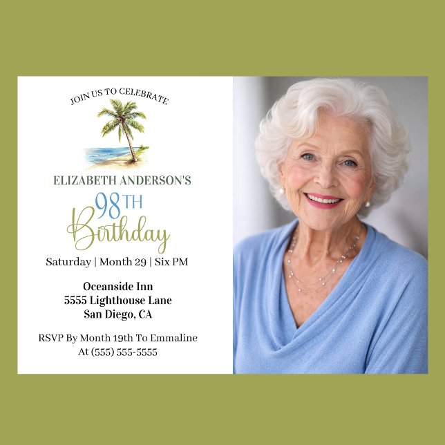 Strandpalmenbaum 98. Geburtstagsfoto Einladung (Elegant coastal 98th birthday photo invitation with tropical palm tree beach design and ocean theme )