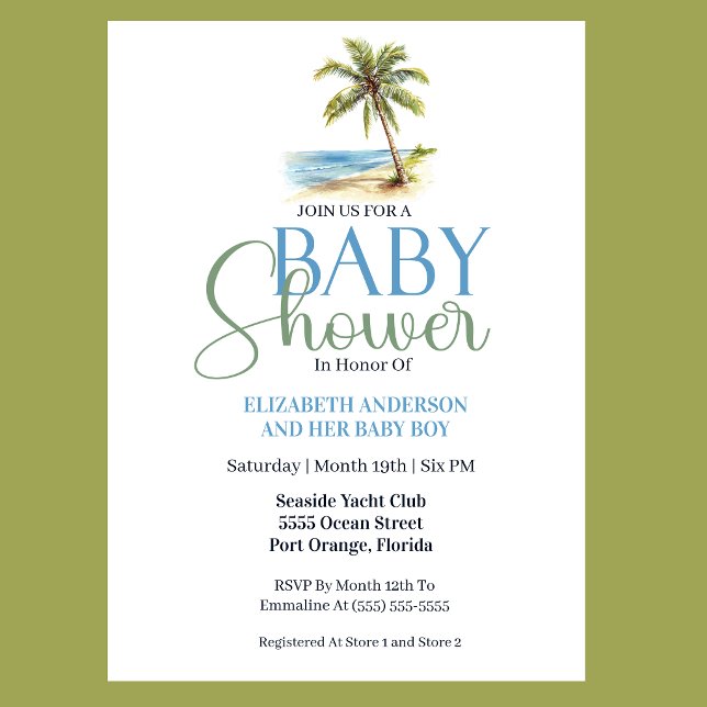 Strandpalmenbaum-Junge-Baby-Party Einladung (Tropical beach baby shower invitation with watercolor palm tree coastal blue and sage green design f)