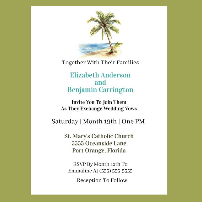 Strandpalmenhochzeit Einladung (Tropical beach wedding invitation featuring a watercolor palm tree, ocean shoreline, elegant teal ty)