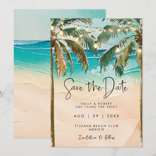 Strandpalmenleuchten Save the Date Karte (Vorne/Hinten)