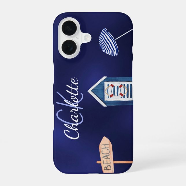 Strandparty blau weiß Monogramm Name iPhone 16 Hülle (Rückseite)