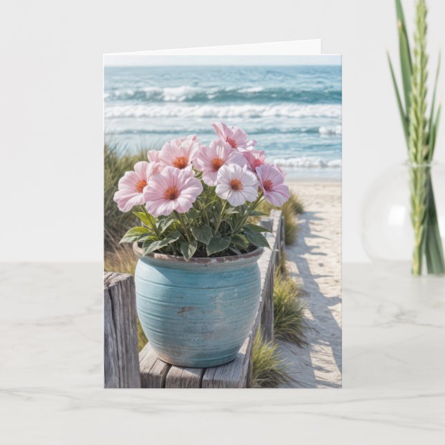 Strandpfanne mit rosa Petunias Karte (Vorderseite)