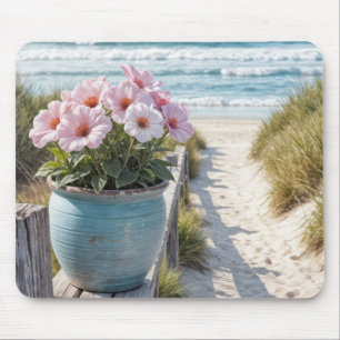 Strandpfanne mit rosa Petunias Mousepad