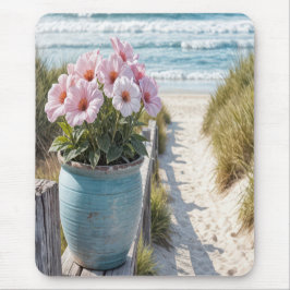 Strandpfanne mit rosa Petunias Mousepad