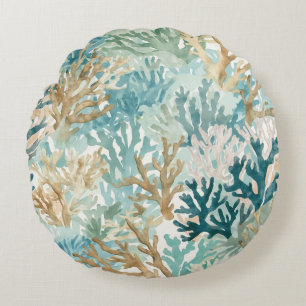 Strandriff-Korallenriff Türkis Grün Blau Aquarellf Rundes Kissen