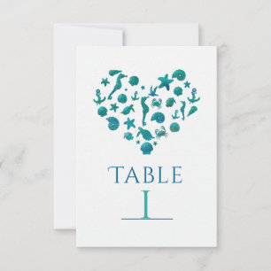 Strandsachen Teal-Aquarell-Tischnummernkarten Einladung