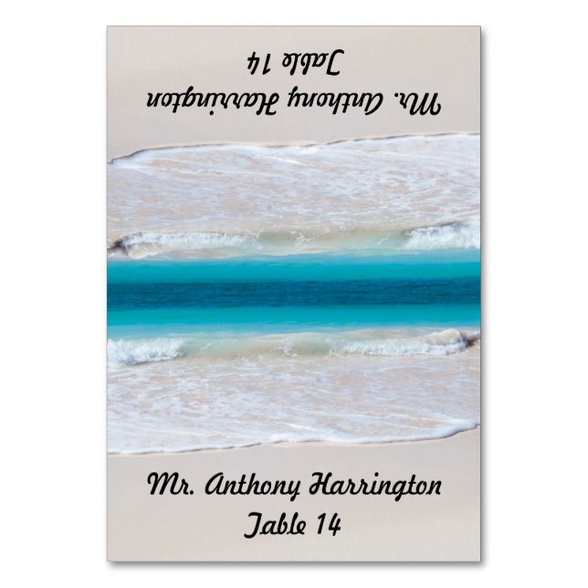 Strandsand mit Hochzeitskarte Tischnummer (Vorderseite)